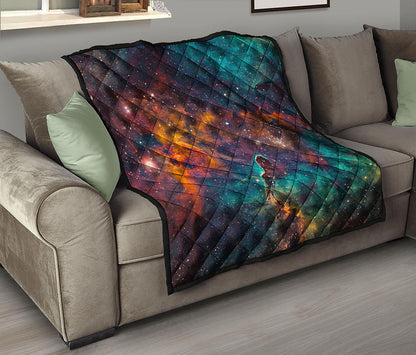 Teal Orange Universe Galaxy Space Print Quilt