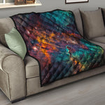 Teal Orange Universe Galaxy Space Print Quilt