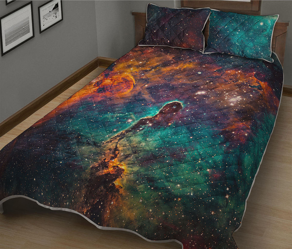 Teal Orange Universe Galaxy Space Print Quilt Bed Set