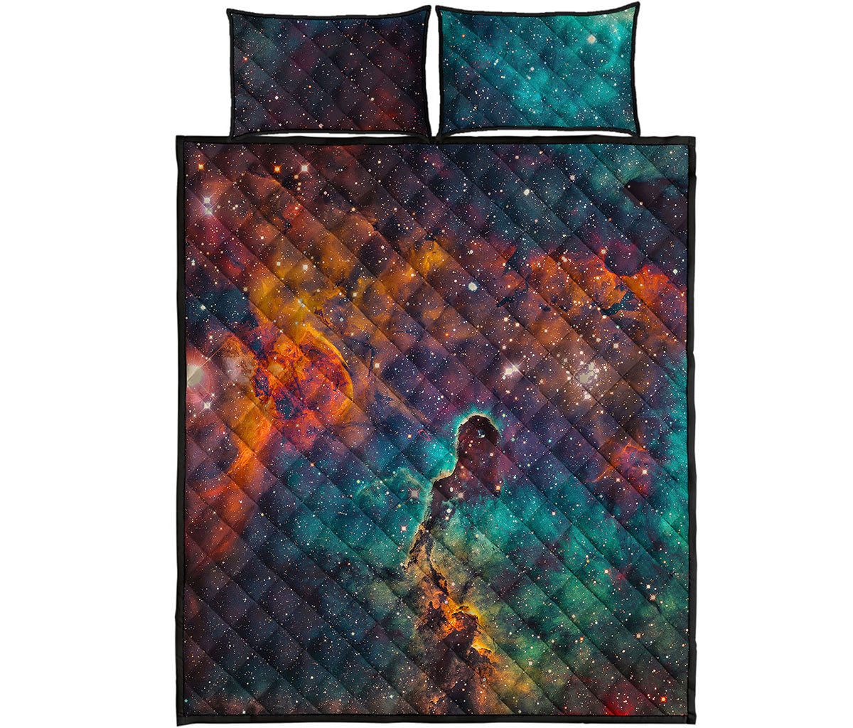 Teal Orange Universe Galaxy Space Print Quilt Bed Set