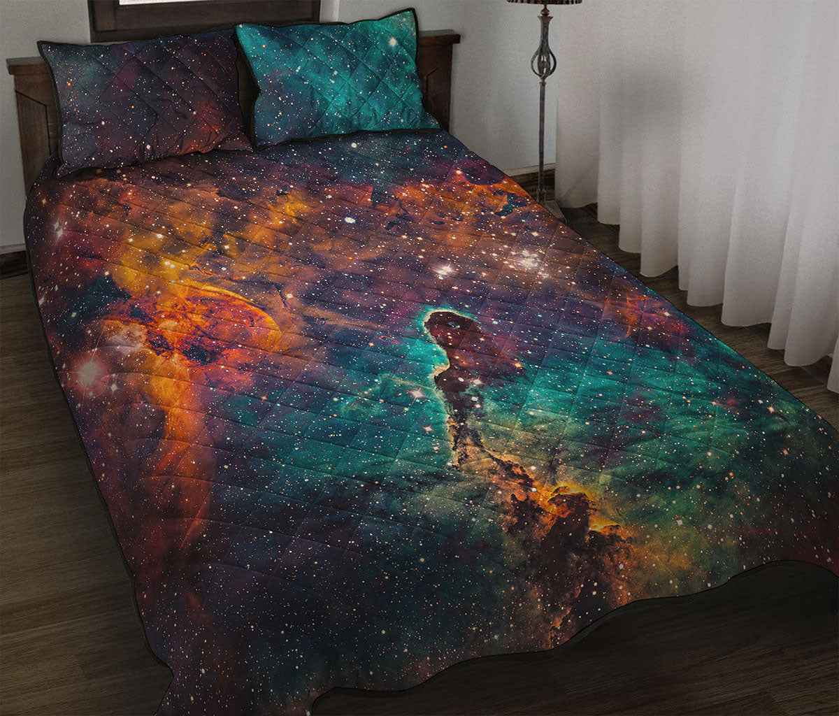 Teal Orange Universe Galaxy Space Print Quilt Bed Set