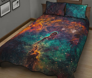 Teal Orange Universe Galaxy Space Print Quilt Bed Set