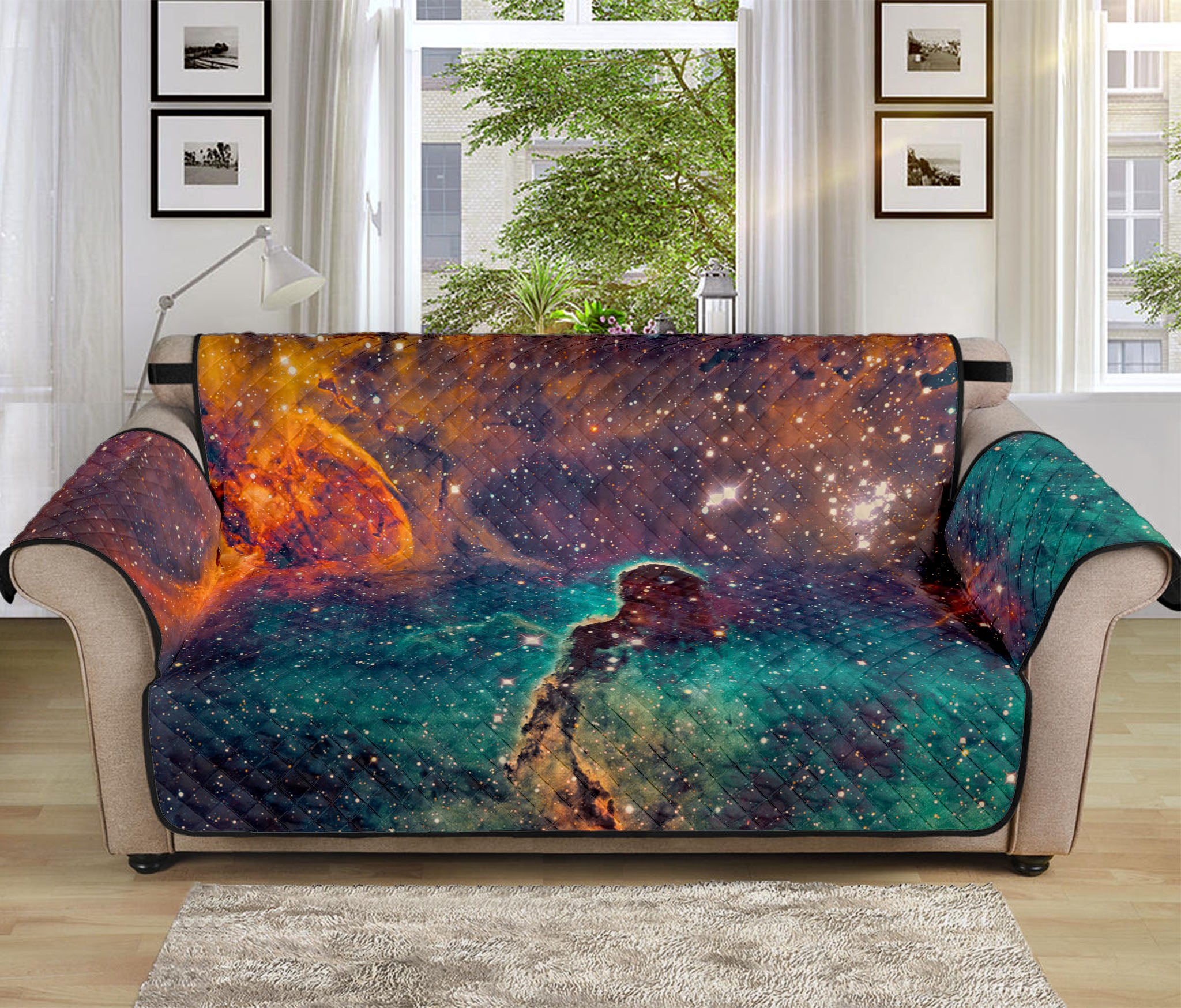 Teal Orange Universe Galaxy Space Print Sofa Protector