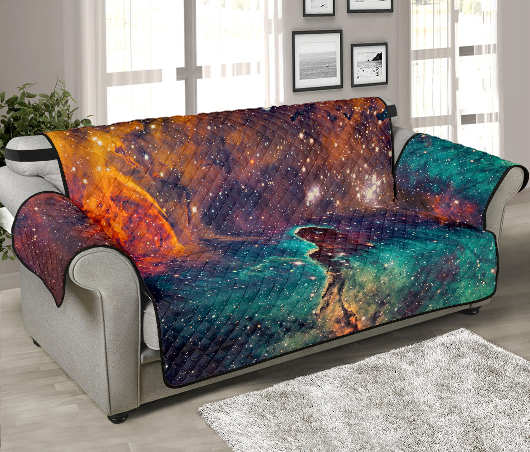 Teal Orange Universe Galaxy Space Print Sofa Protector