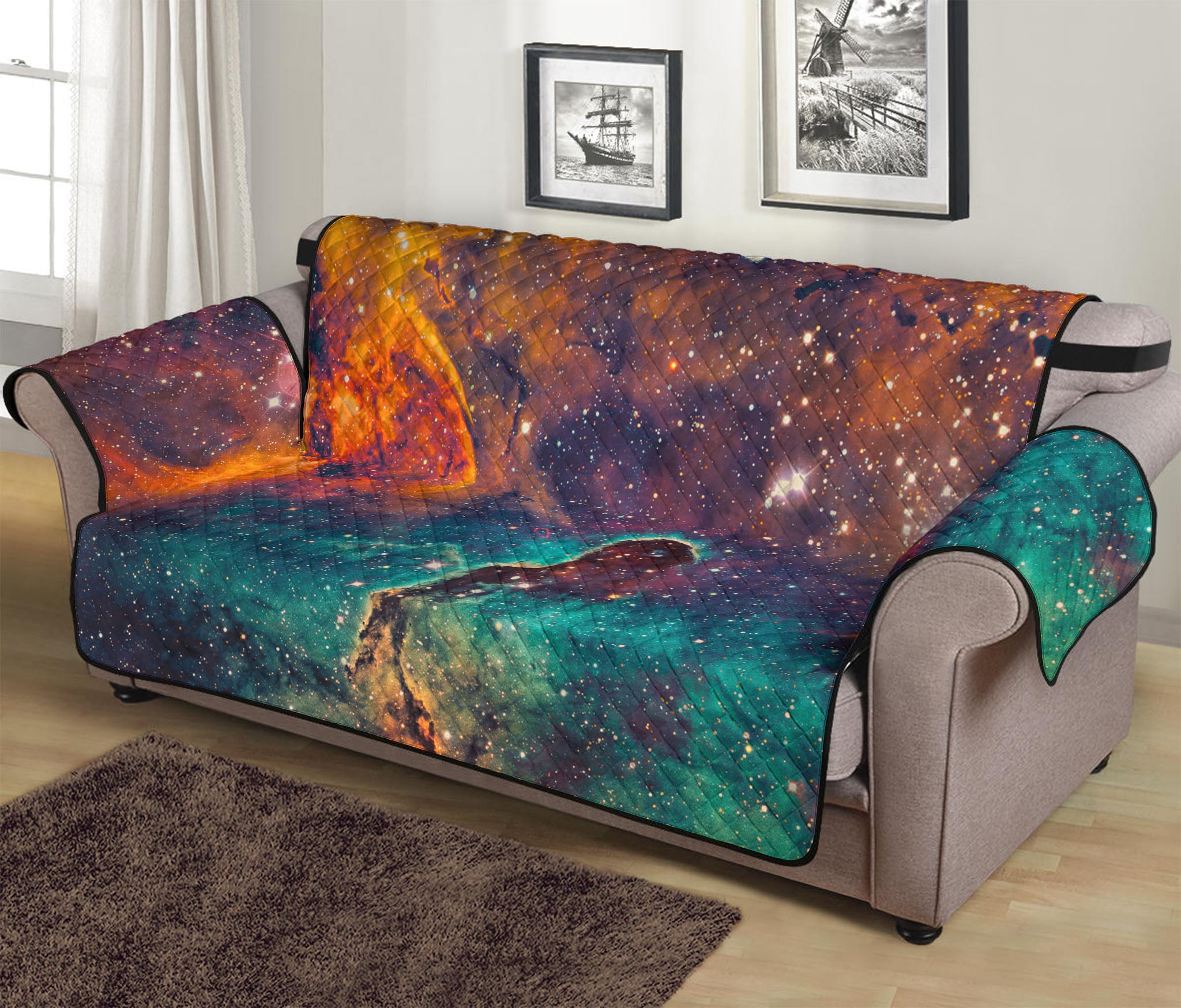 Teal Orange Universe Galaxy Space Print Sofa Protector