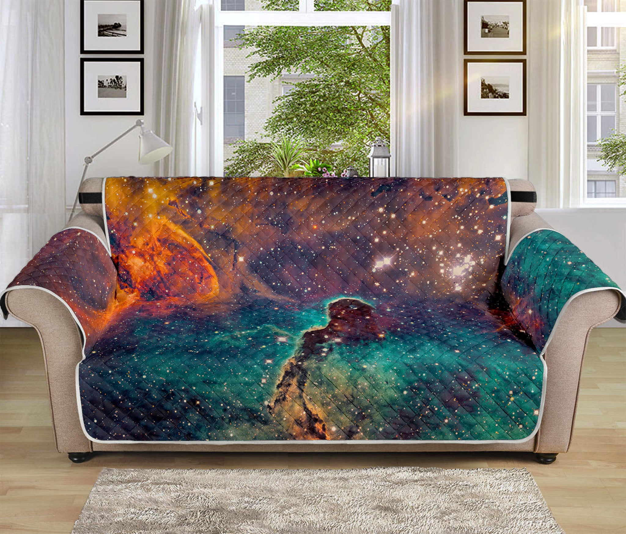 Teal Orange Universe Galaxy Space Print Sofa Protector