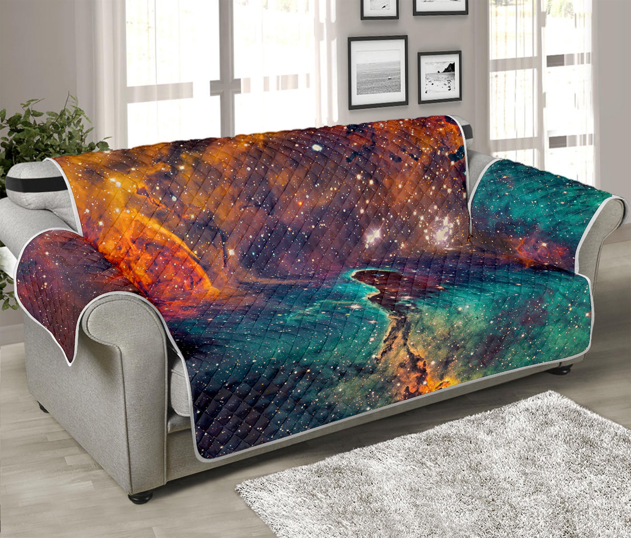 Teal Orange Universe Galaxy Space Print Sofa Protector