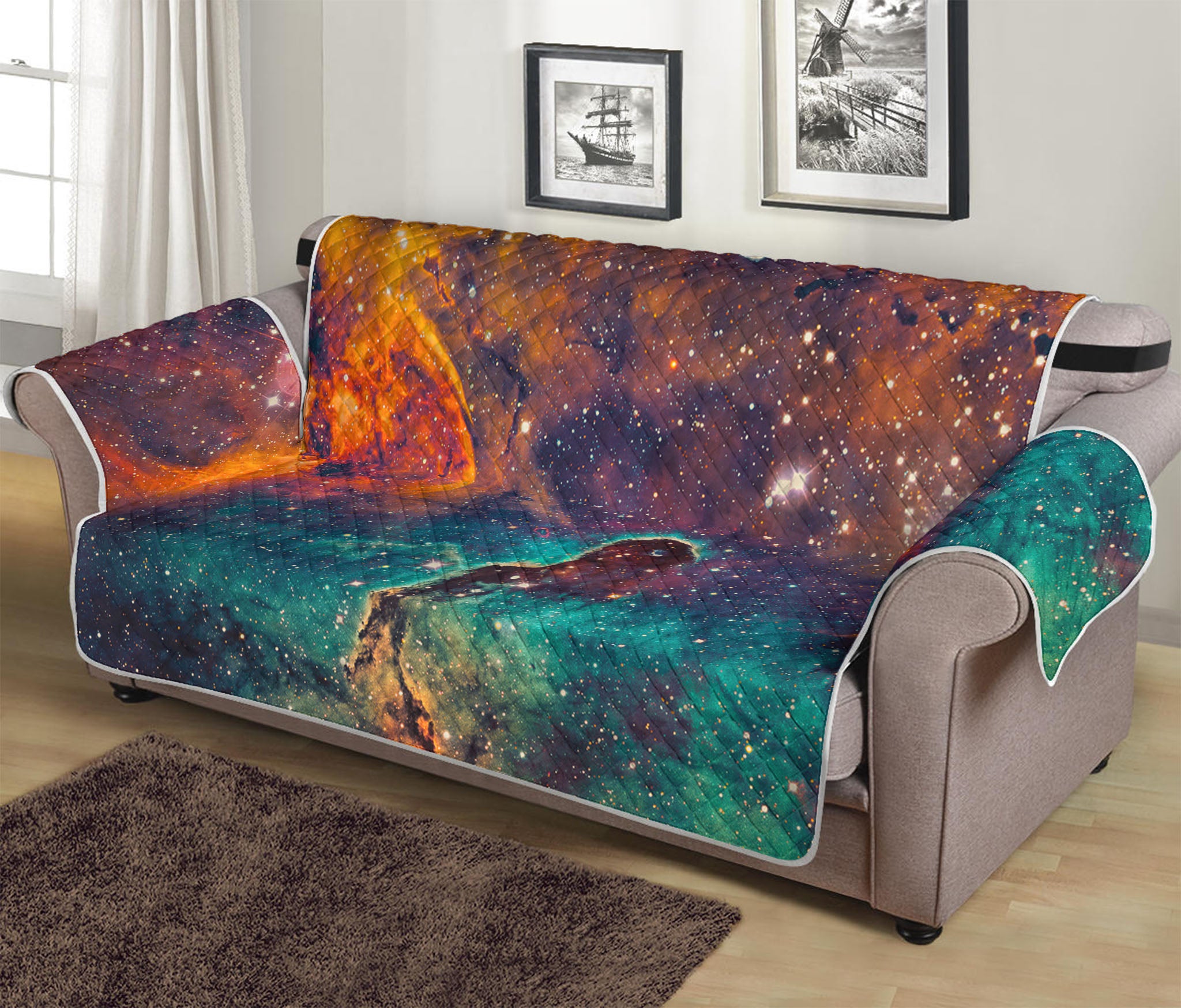 Teal Orange Universe Galaxy Space Print Sofa Protector