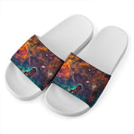 Teal Orange Universe Galaxy Space Print White Slide Sandals