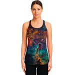 Teal Orange Universe Galaxy Space Print Women's Racerback Tank Top