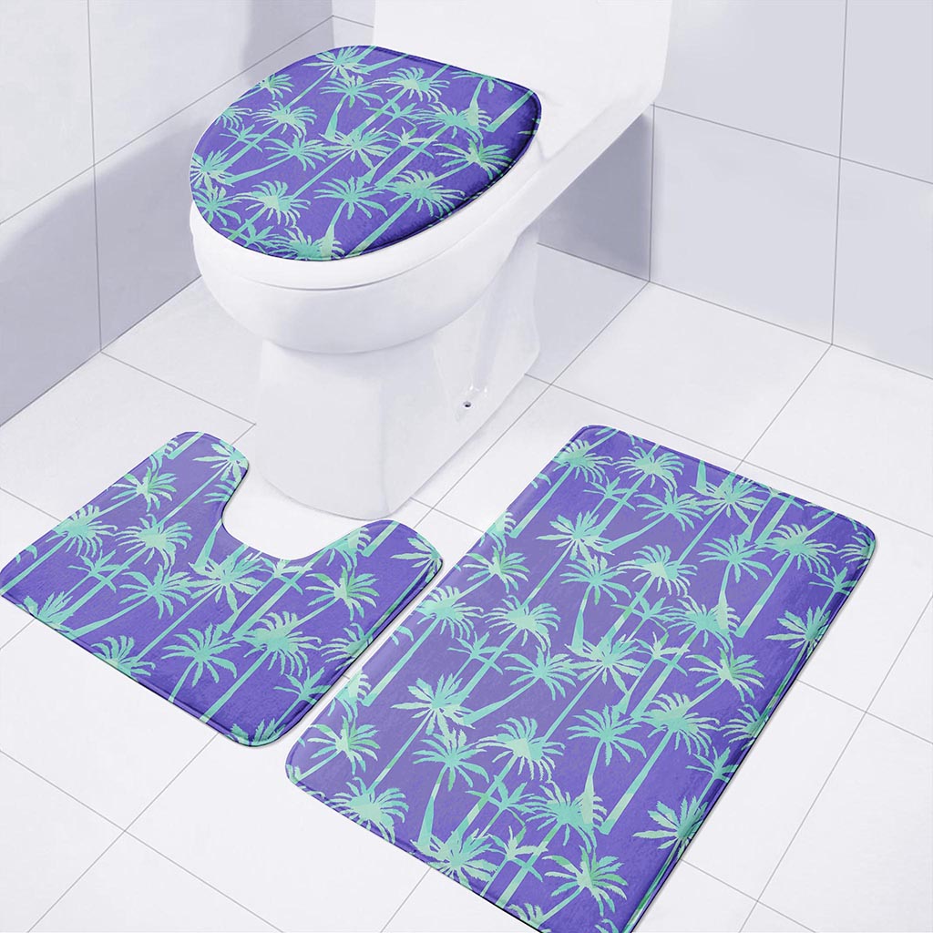 Teal Palm Tree Pattern Print 3 Piece Bath Mat Set