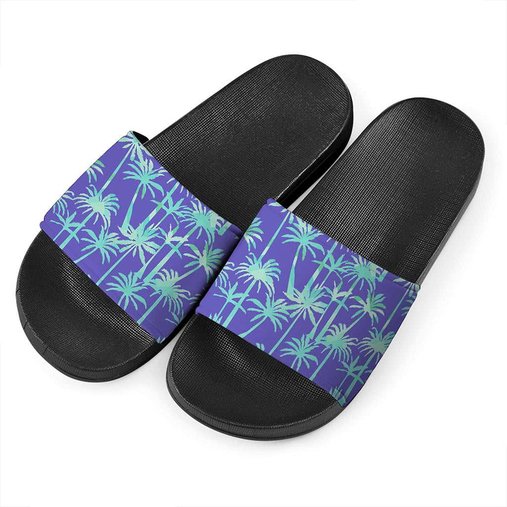 Teal Palm Tree Pattern Print Black Slide Sandals