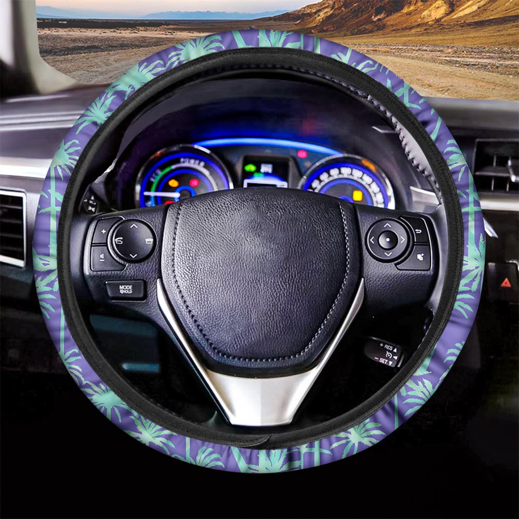 Teal Palm Tree Pattern Print Car Steering Wheel Cover