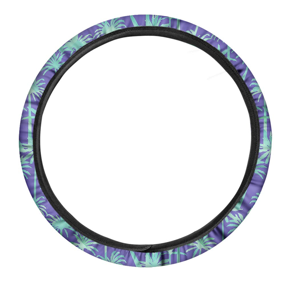 Teal Palm Tree Pattern Print Car Steering Wheel Cover
