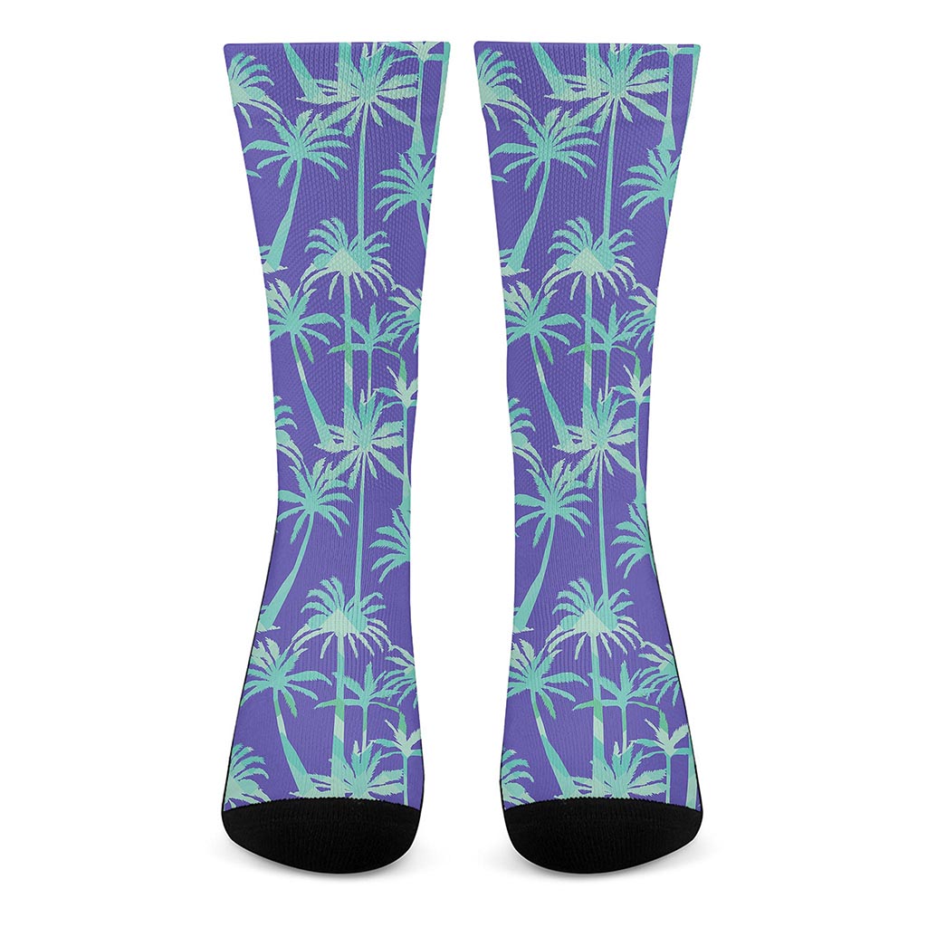 Teal Palm Tree Pattern Print Crew Socks