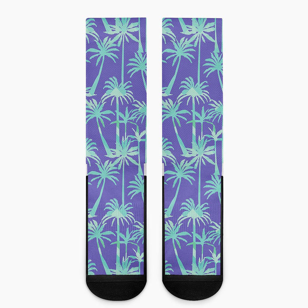 Teal Palm Tree Pattern Print Crew Socks