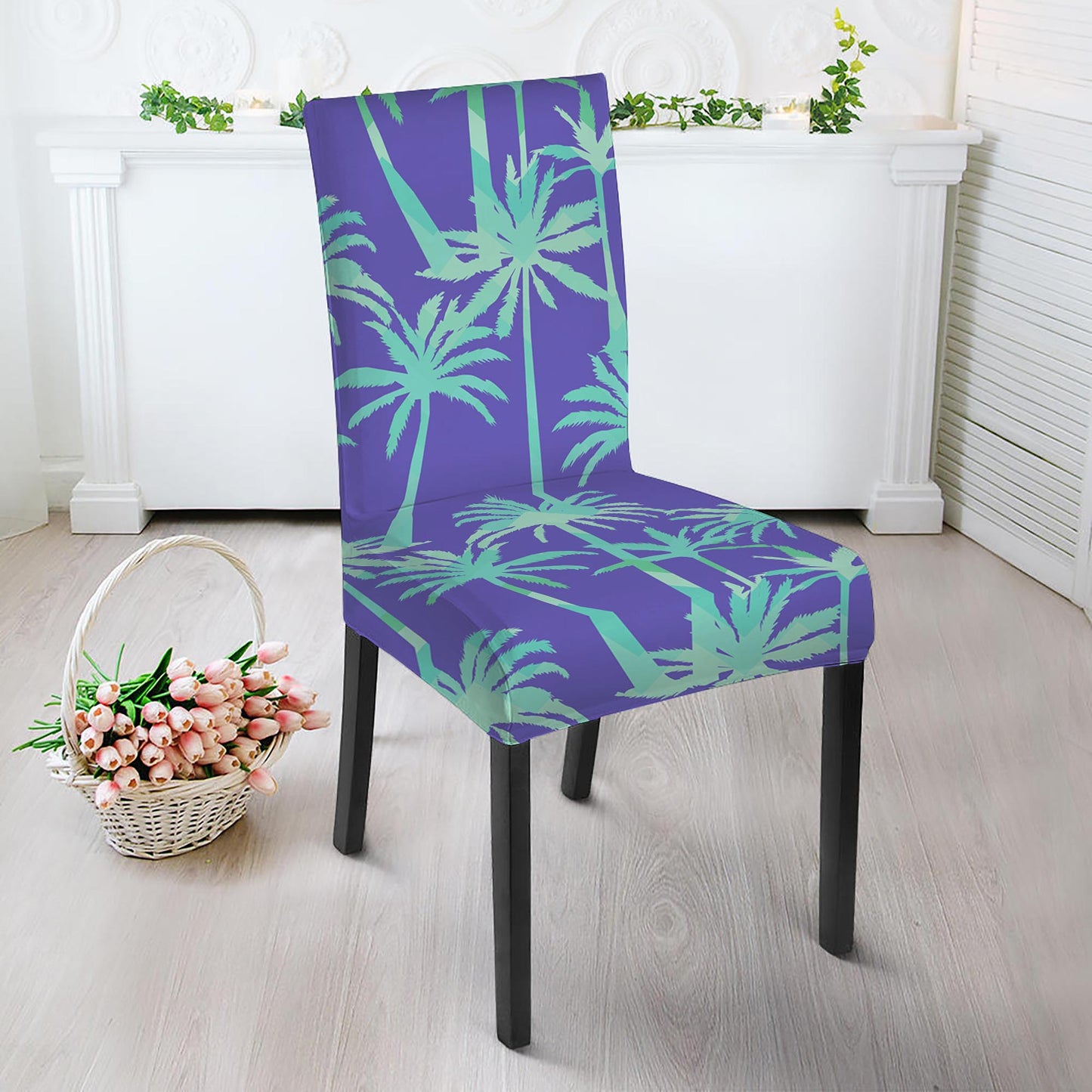 Teal Palm Tree Pattern Print Dining Chair Slipcover