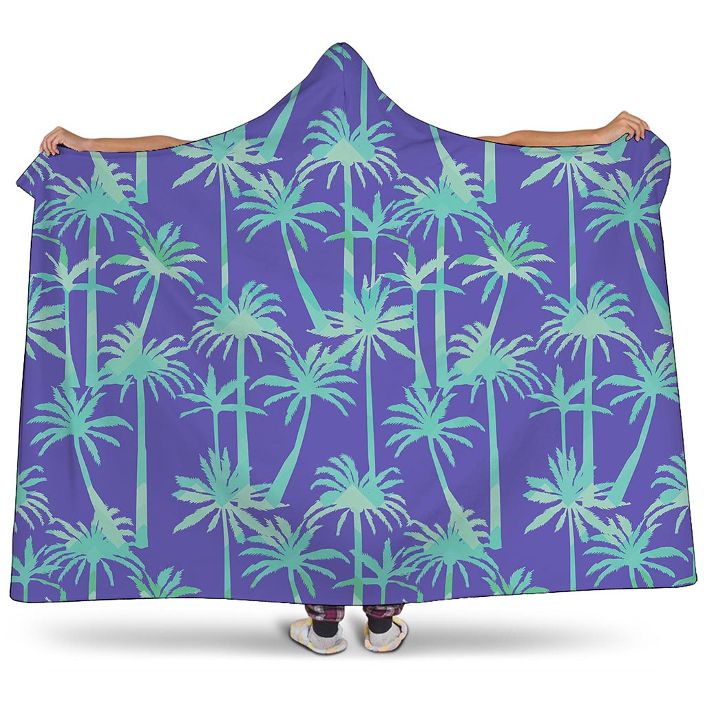 Teal Palm Tree Pattern Print Hooded Blanket
