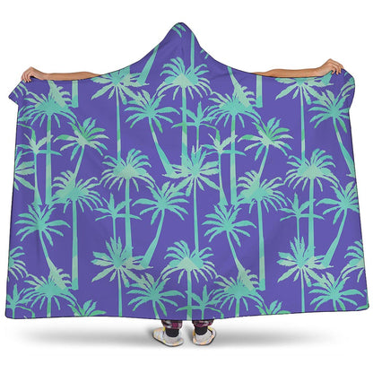 Teal Palm Tree Pattern Print Hooded Blanket