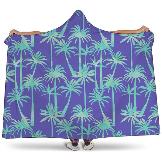 Teal Palm Tree Pattern Print Hooded Blanket