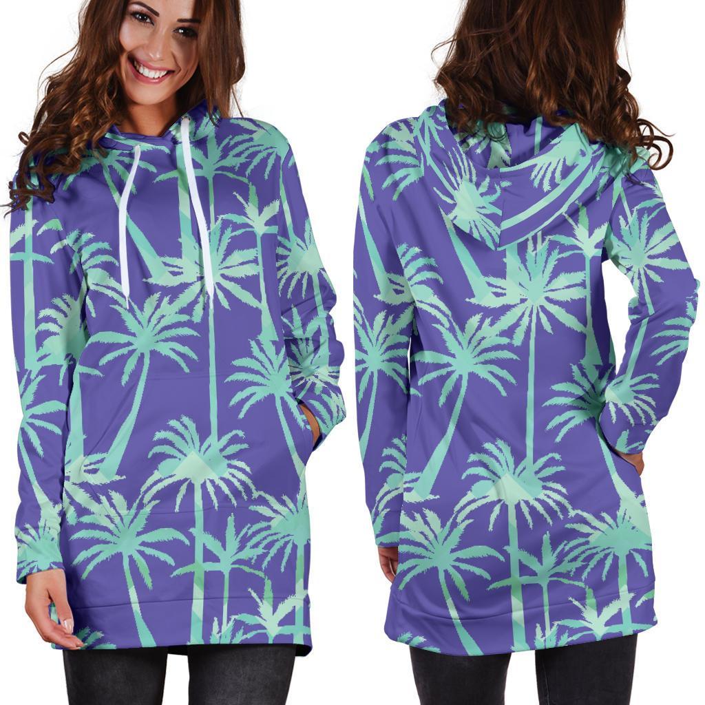 Teal Palm Tree Pattern Print Hoodie Dress GearFrost