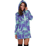 Teal Palm Tree Pattern Print Hoodie Dress GearFrost
