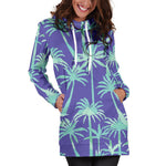 Teal Palm Tree Pattern Print Hoodie Dress GearFrost