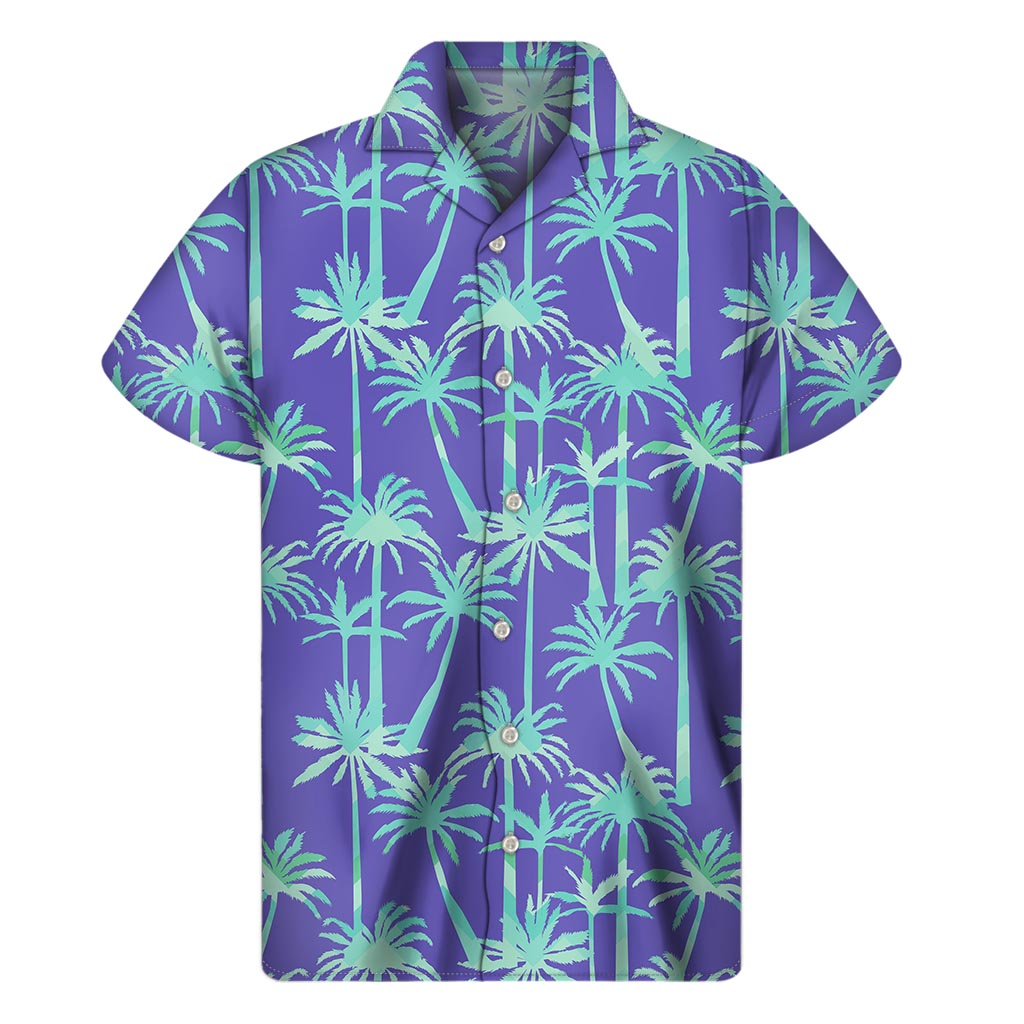 Teal Palm Tree Pattern Print Men's Short Sleeve Shirt