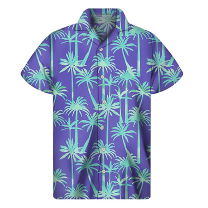 Teal Palm Tree Pattern Print Men's Short Sleeve Shirt