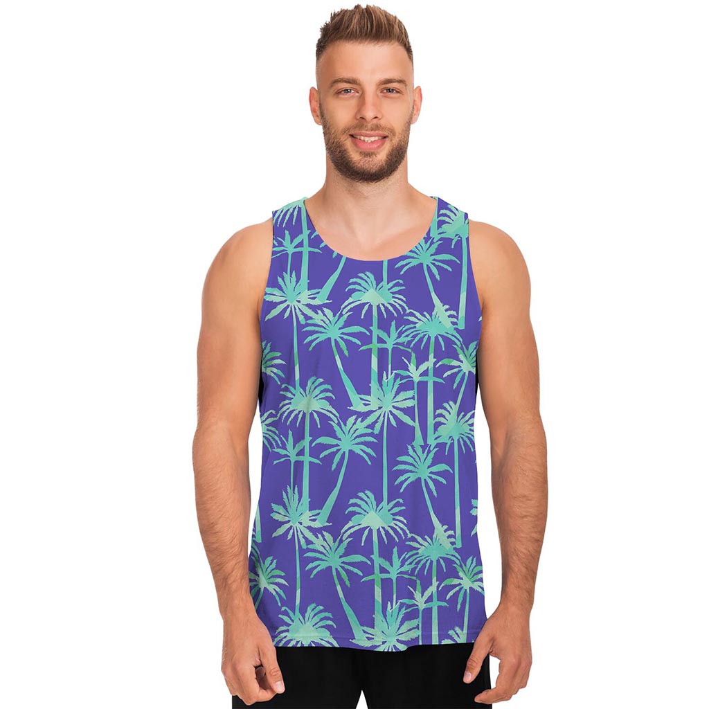 Teal Palm Tree Pattern Print Men's Tank Top