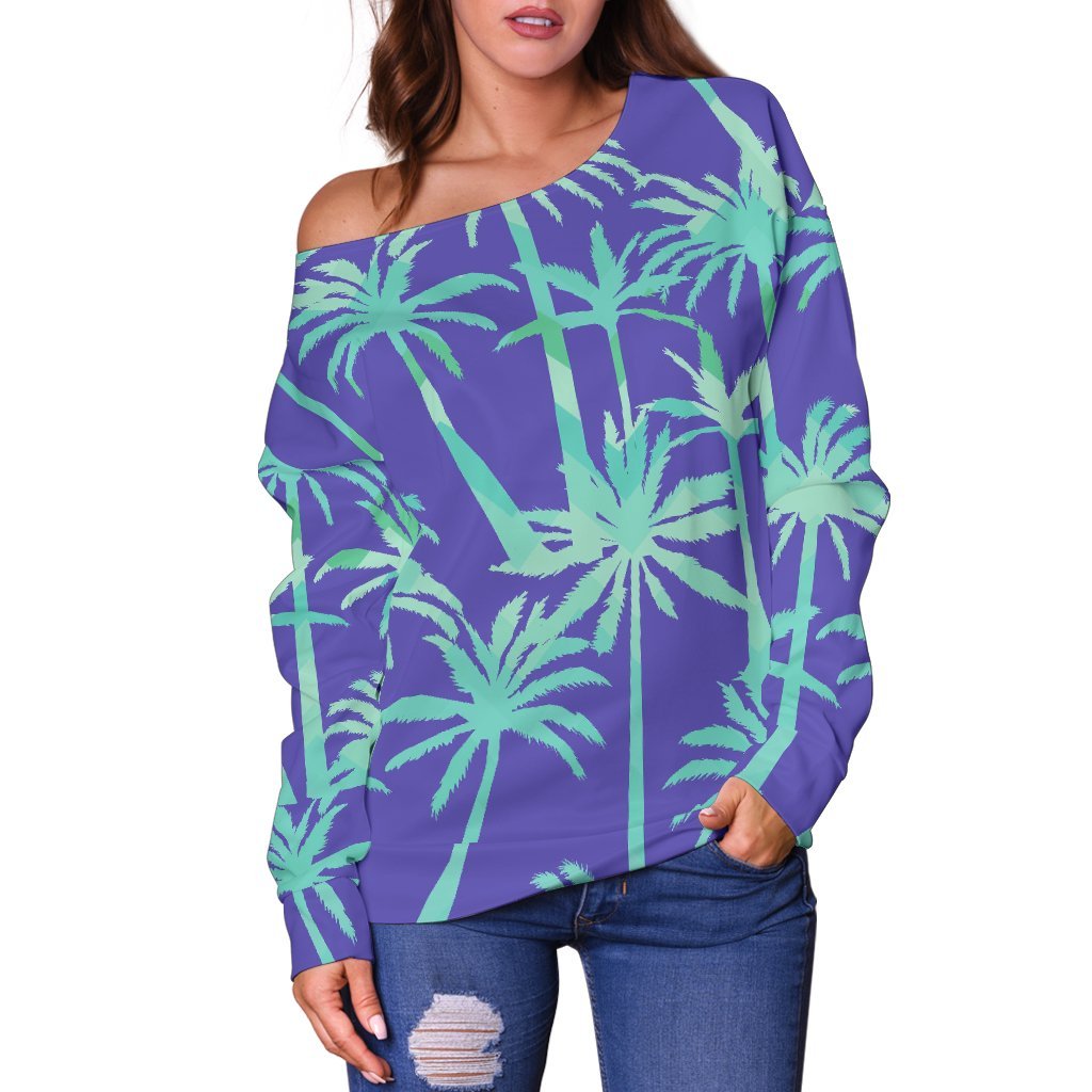 Teal Palm Tree Pattern Print Off Shoulder Sweatshirt GearFrost