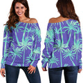 Teal Palm Tree Pattern Print Off The Shoulder Sweatshirt