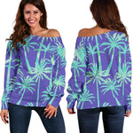 Teal Palm Tree Pattern Print Off Shoulder Sweatshirt GearFrost