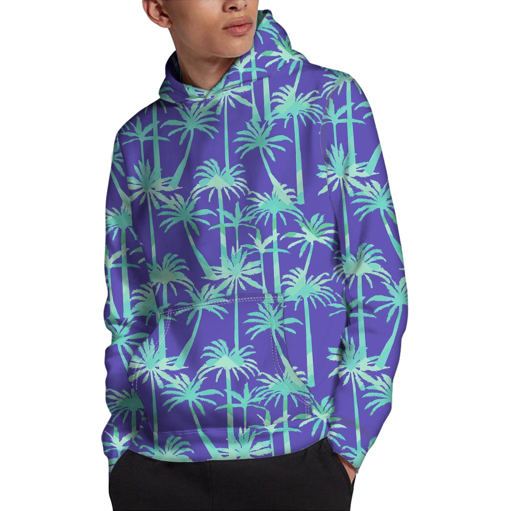 Teal Palm Tree Pattern Print Pullover Hoodie