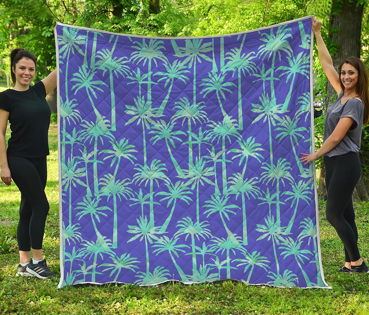Teal Palm Tree Pattern Print Quilt