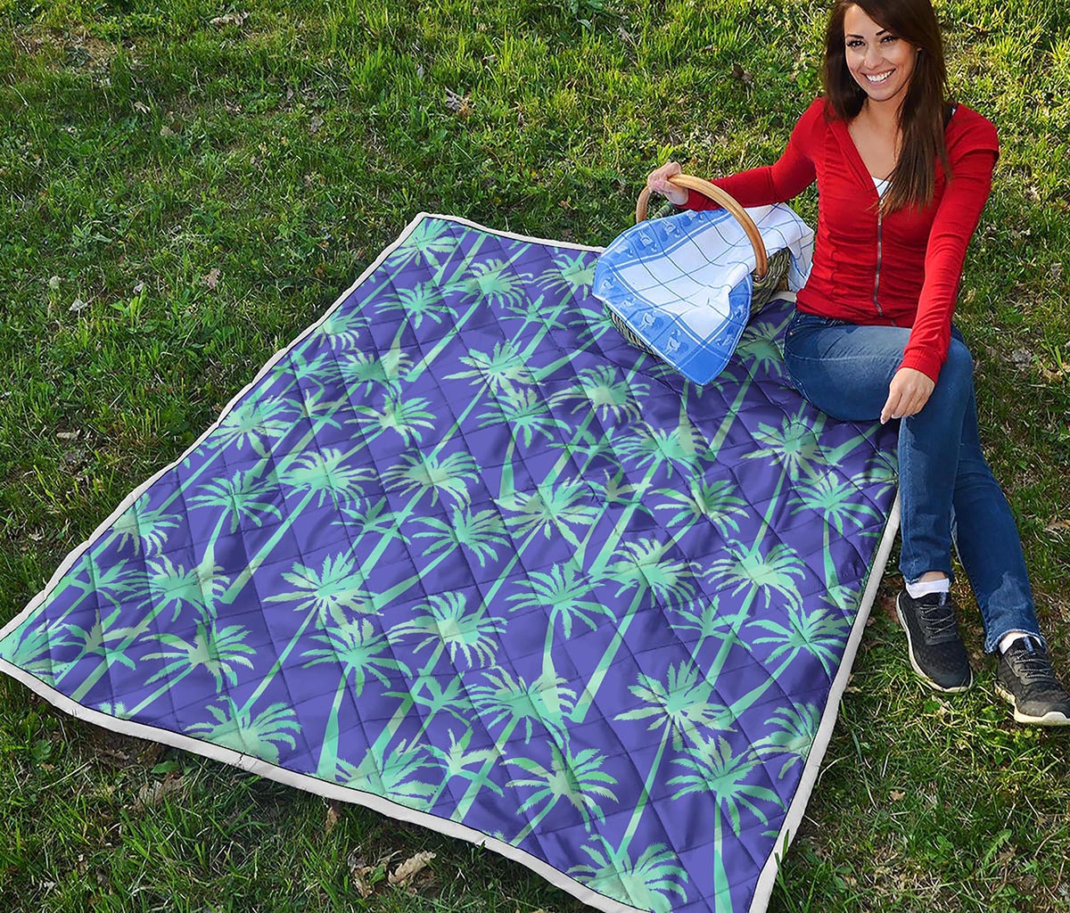 Teal Palm Tree Pattern Print Quilt