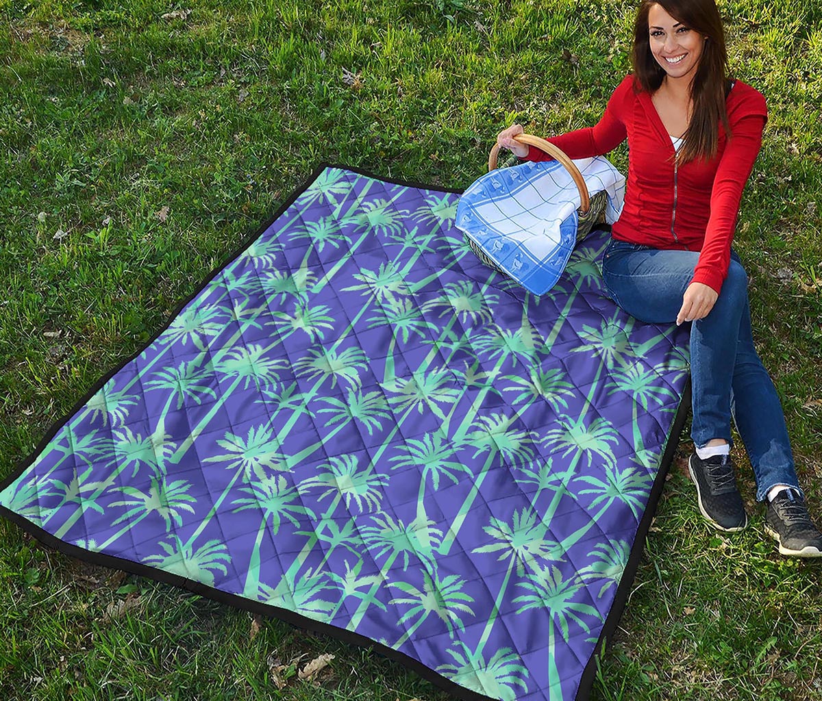 Teal Palm Tree Pattern Print Quilt