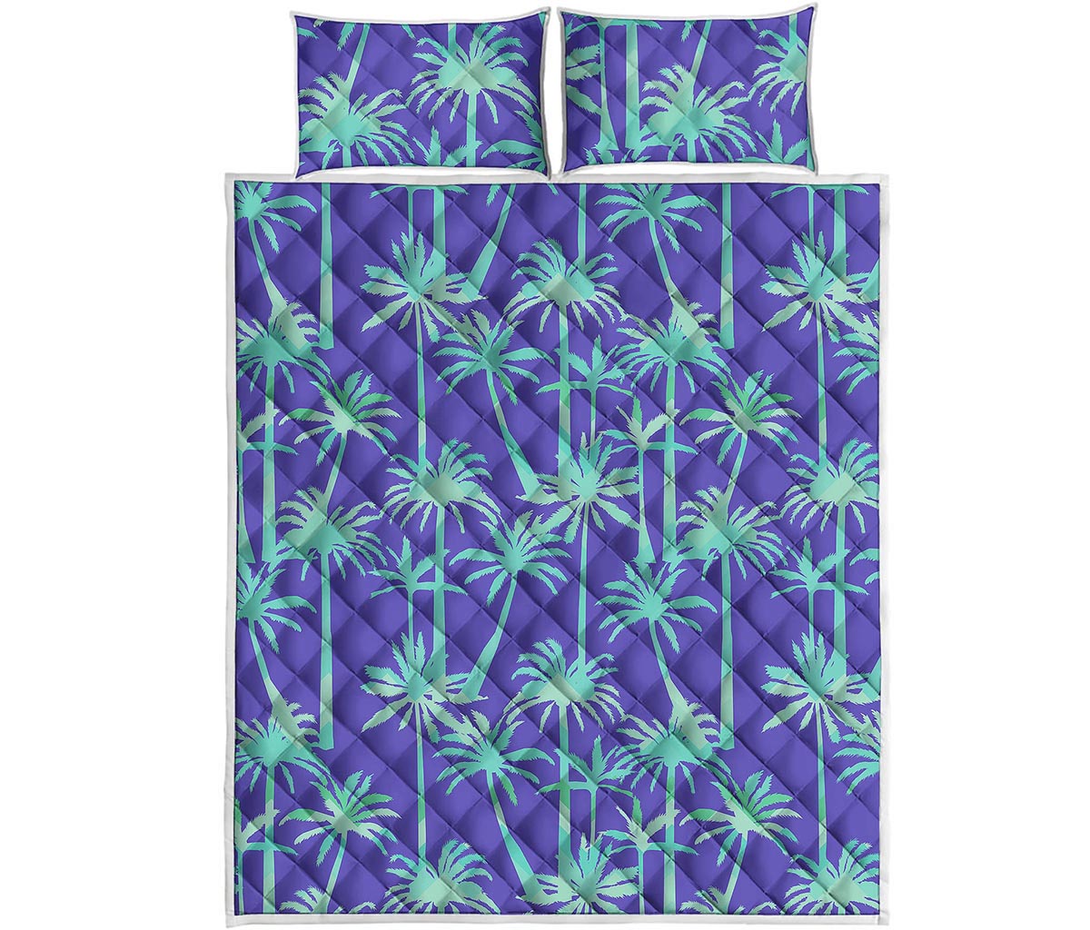 Teal Palm Tree Pattern Print Quilt Bed Set