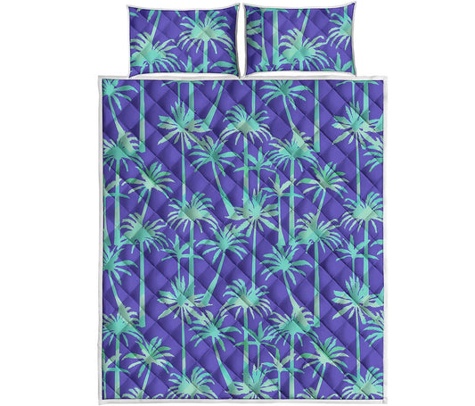 Teal Palm Tree Pattern Print Quilt Bed Set