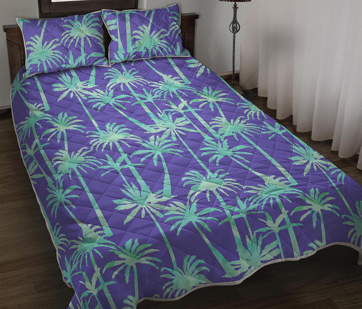 Teal Palm Tree Pattern Print Quilt Bed Set