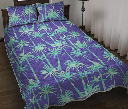 Teal Palm Tree Pattern Print Quilt Bed Set