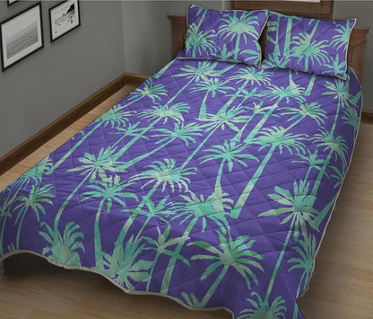 Teal Palm Tree Pattern Print Quilt Bed Set