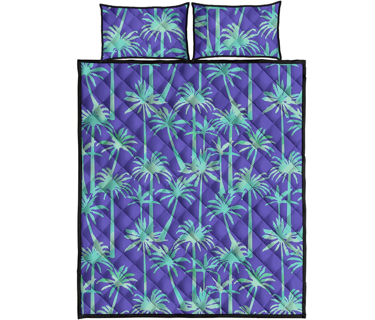 Teal Palm Tree Pattern Print Quilt Bed Set