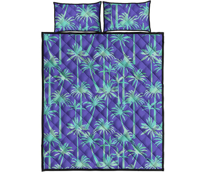 Teal Palm Tree Pattern Print Quilt Bed Set