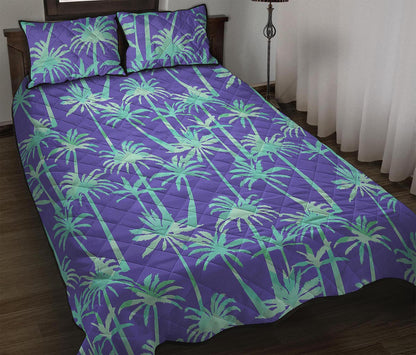 Teal Palm Tree Pattern Print Quilt Bed Set