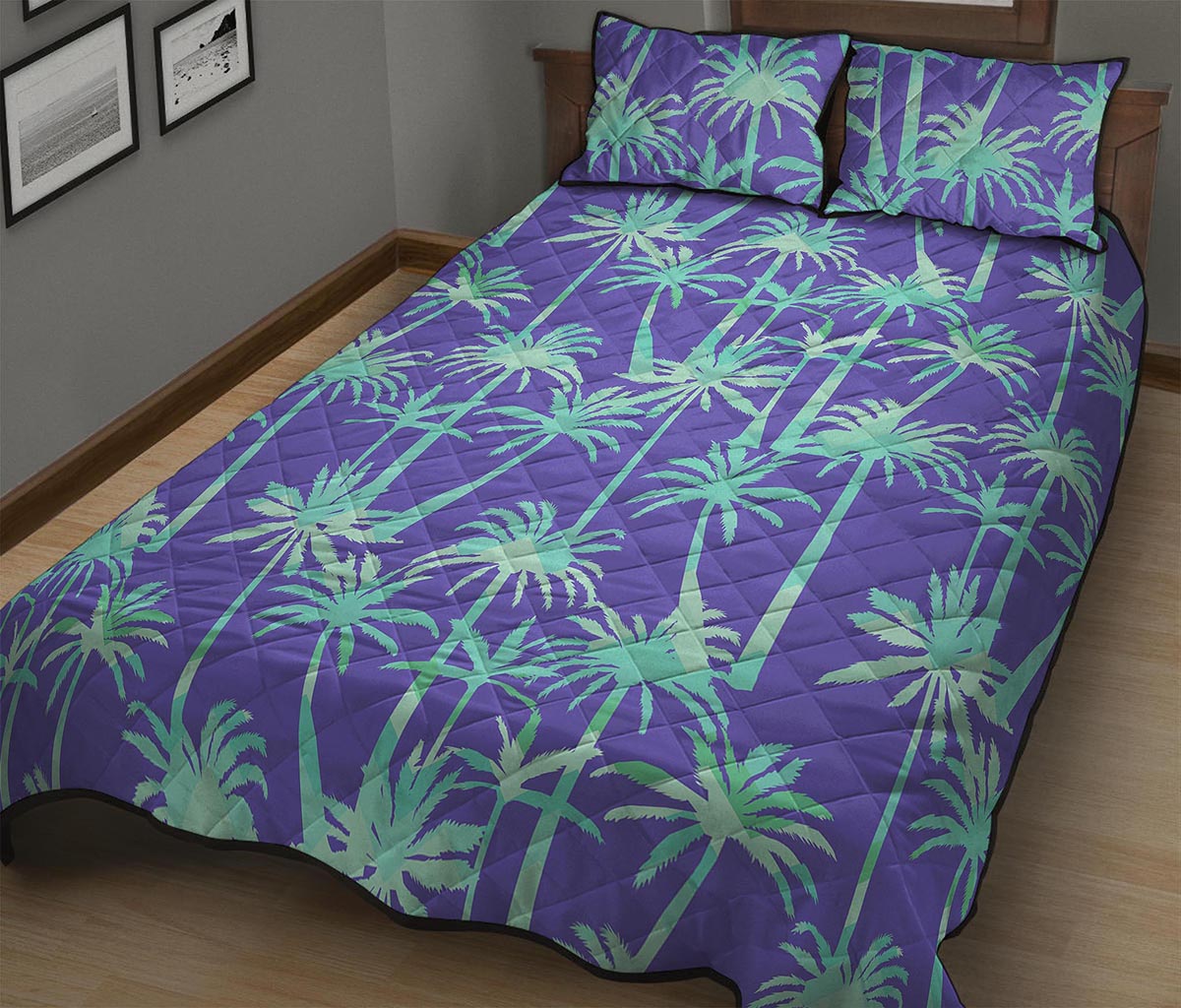 Teal Palm Tree Pattern Print Quilt Bed Set