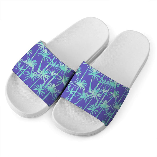 Teal Palm Tree Pattern Print White Slide Sandals
