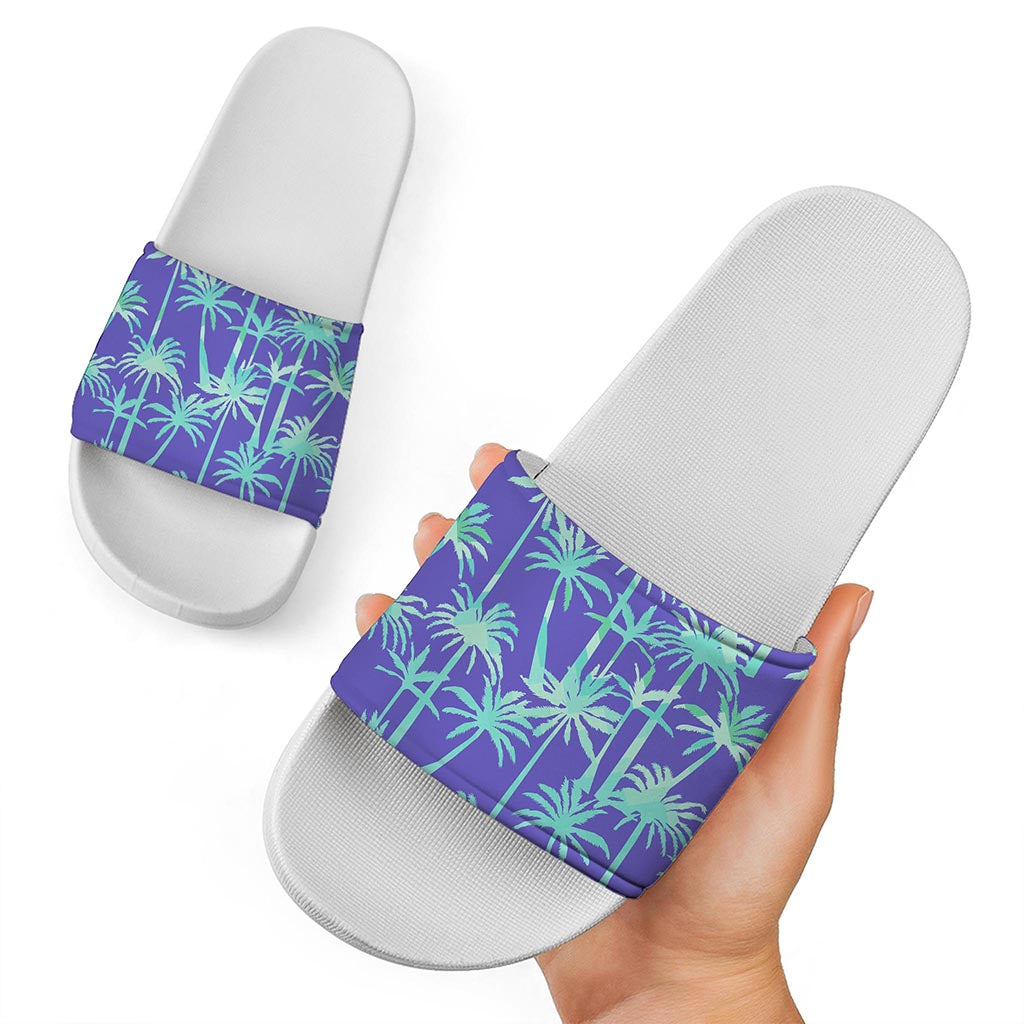 Teal Palm Tree Pattern Print White Slide Sandals