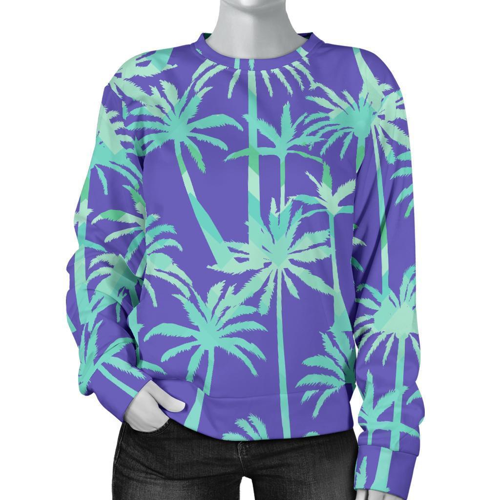 Teal Palm Tree Pattern Print Women's Crewneck Sweatshirt GearFrost