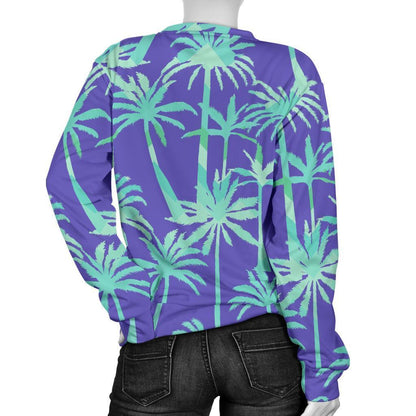 Teal Palm Tree Pattern Print Women's Crewneck Sweatshirt GearFrost